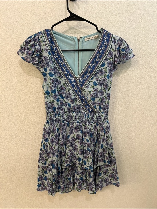 Alice + Olivia Dresses & Skirts - Alice + Olivia Blue and Purple Floral  V-Neck Mini Dress with shorts inside